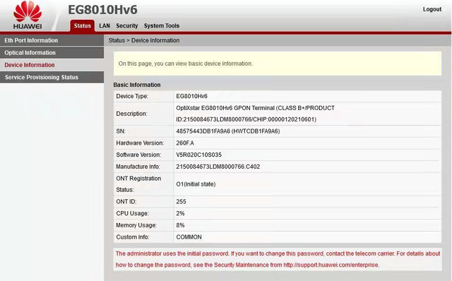 Huawei Optixstar EG8010Hv6 HTTP 1GE GPON