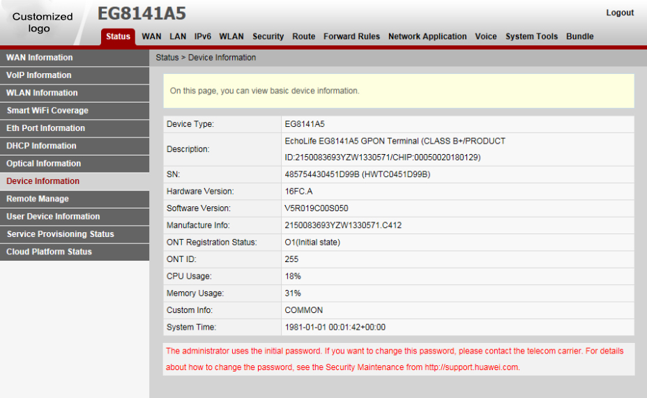 Huawei EG8141A5 APC ONT 1GE+3FE+USB+POST+2.4GWIFI